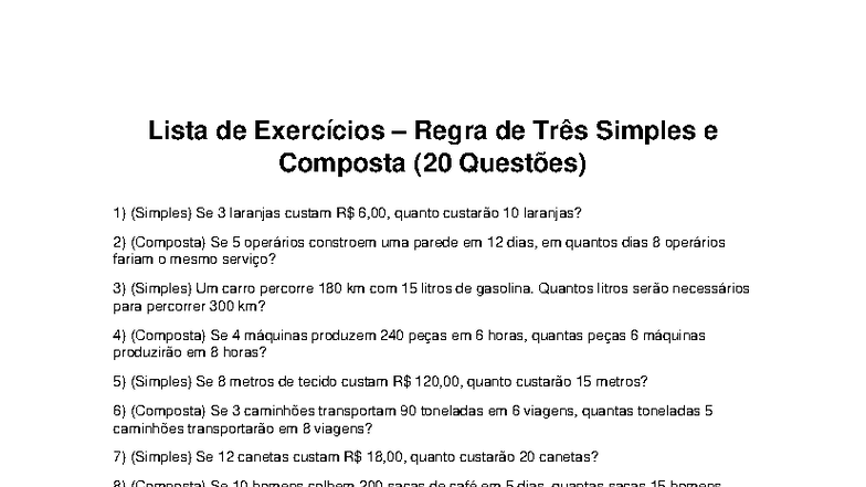 Exercícios de Regra de Três Simples e Composta (20 Questões) - Studocu