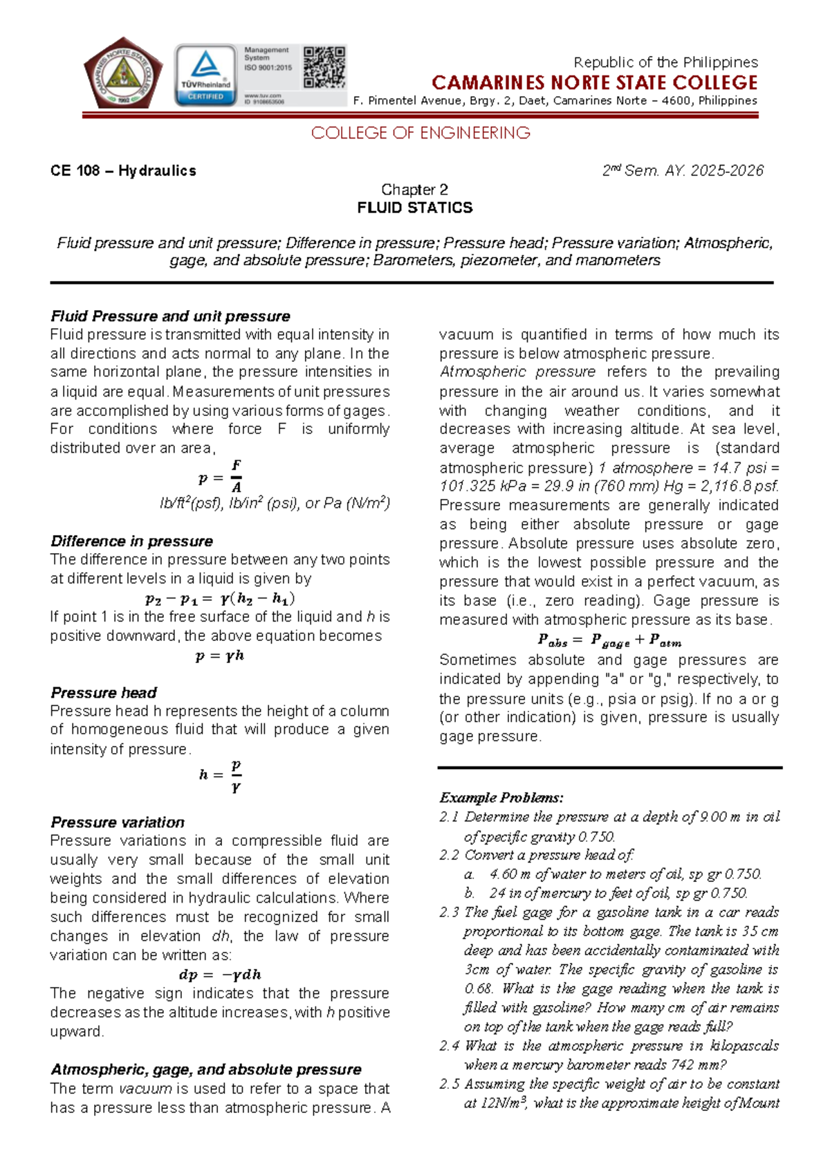 CE 108 Hydraulics Chapter 2: Fluid Statics Overview and Problems - Studocu