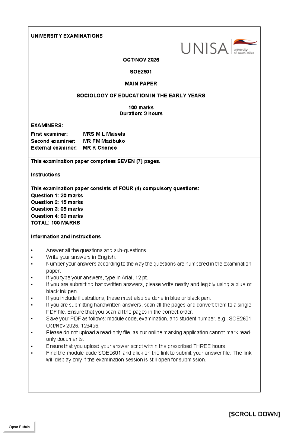 SOE2601 2026 MAIN EXAM PAPER: SOCIOLOGY OF EDUCATION IN EARLY YEARS ...