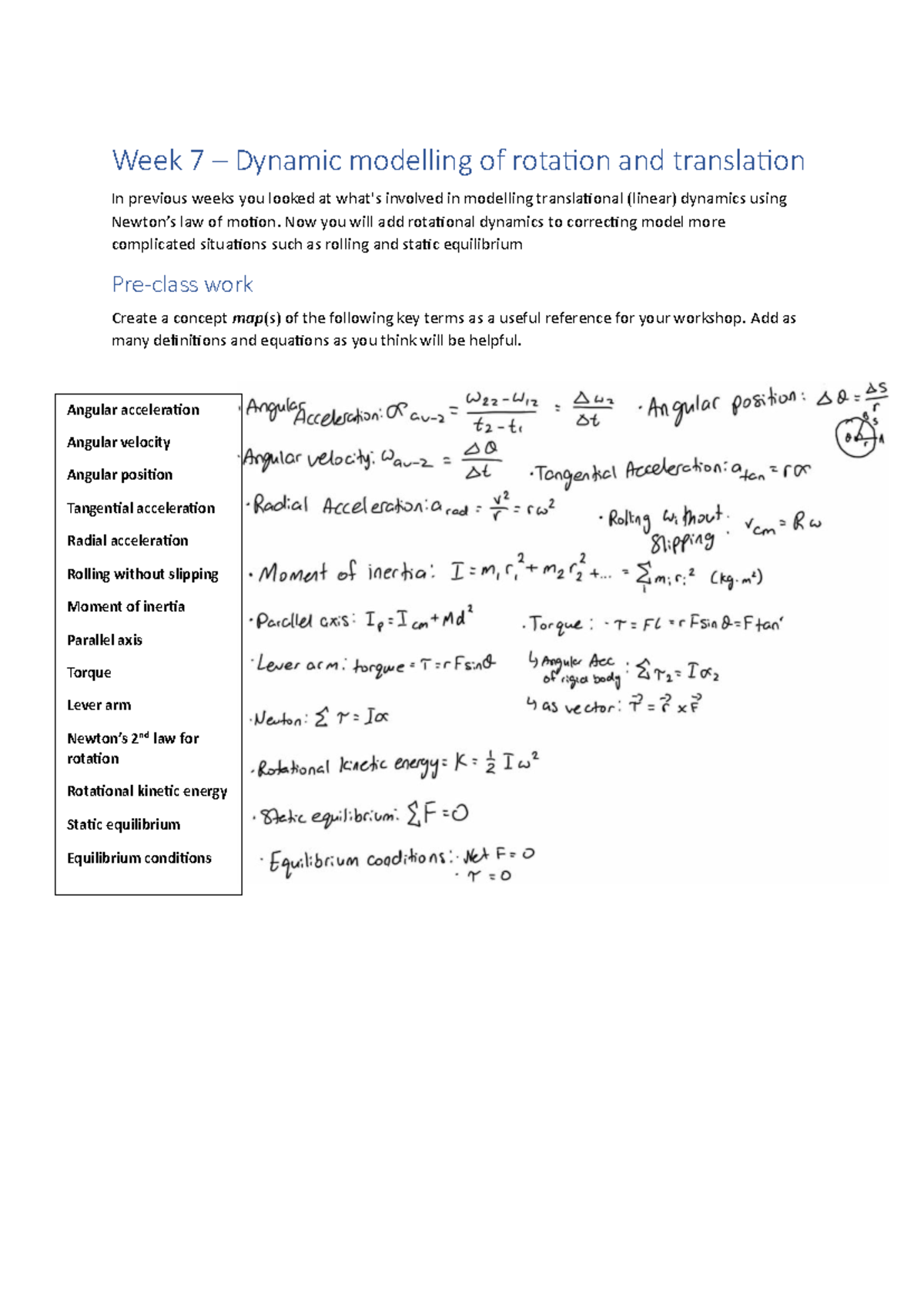 Week 7 Lab Workshop: Dynamic Modelling of Rotation & Translation - Studocu
