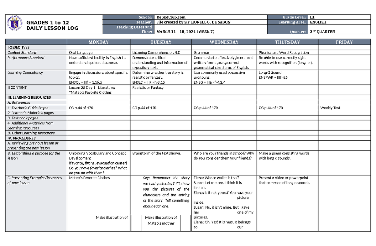 DLL English 3 Q3 W7 - Dll - GRADES 1 to 12 DAILY LESSON LOG School ...