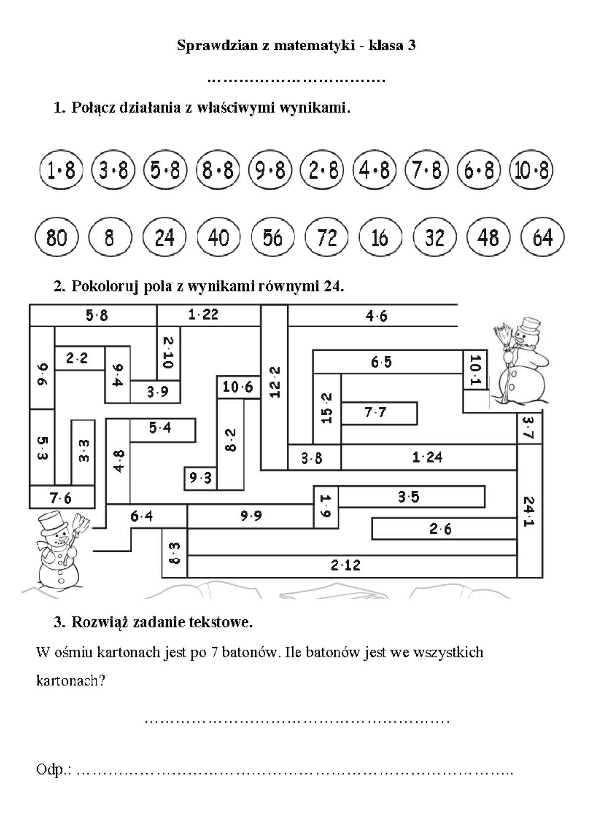 Sprawdzian Kl 2 Podstawowamnożenie I Dzielenie www.studocu.com