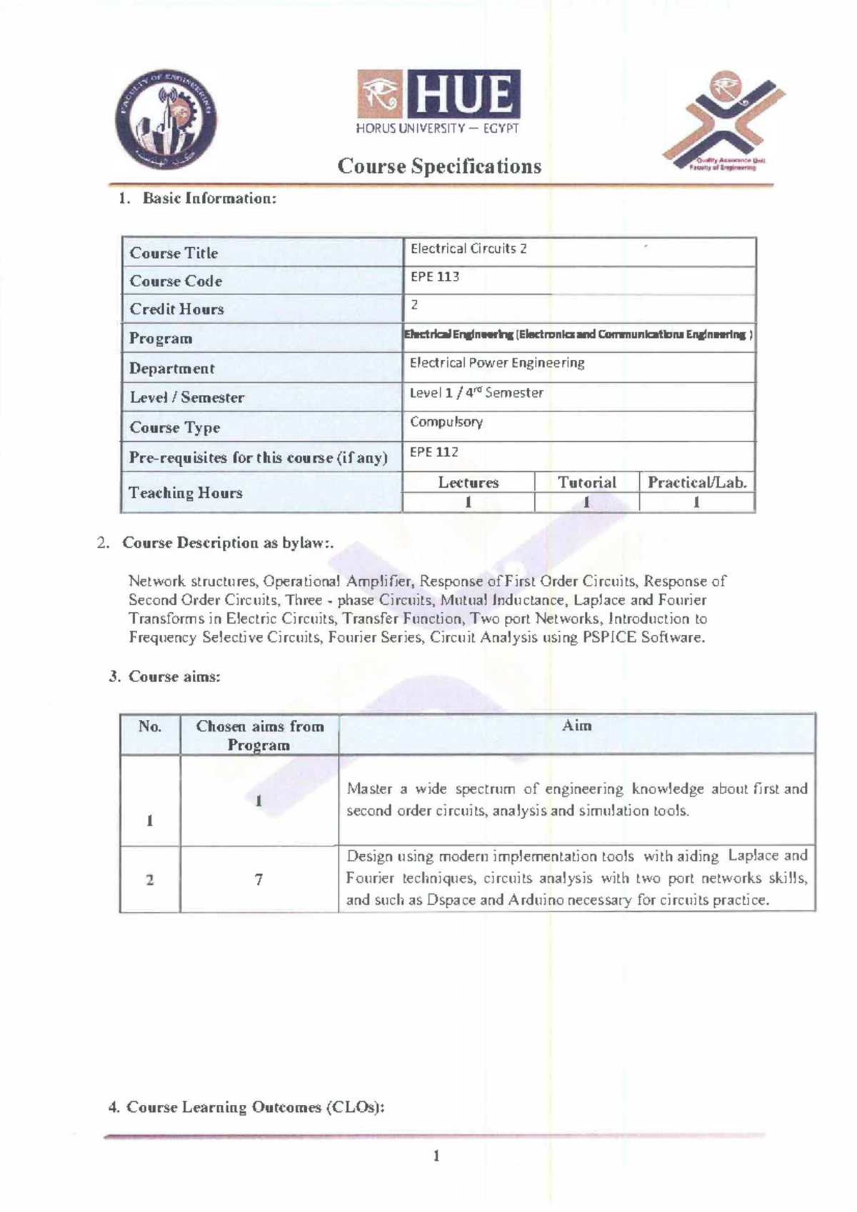 EPE 113 Electrical Circuits 2 Course Specifications and Overview - Studocu