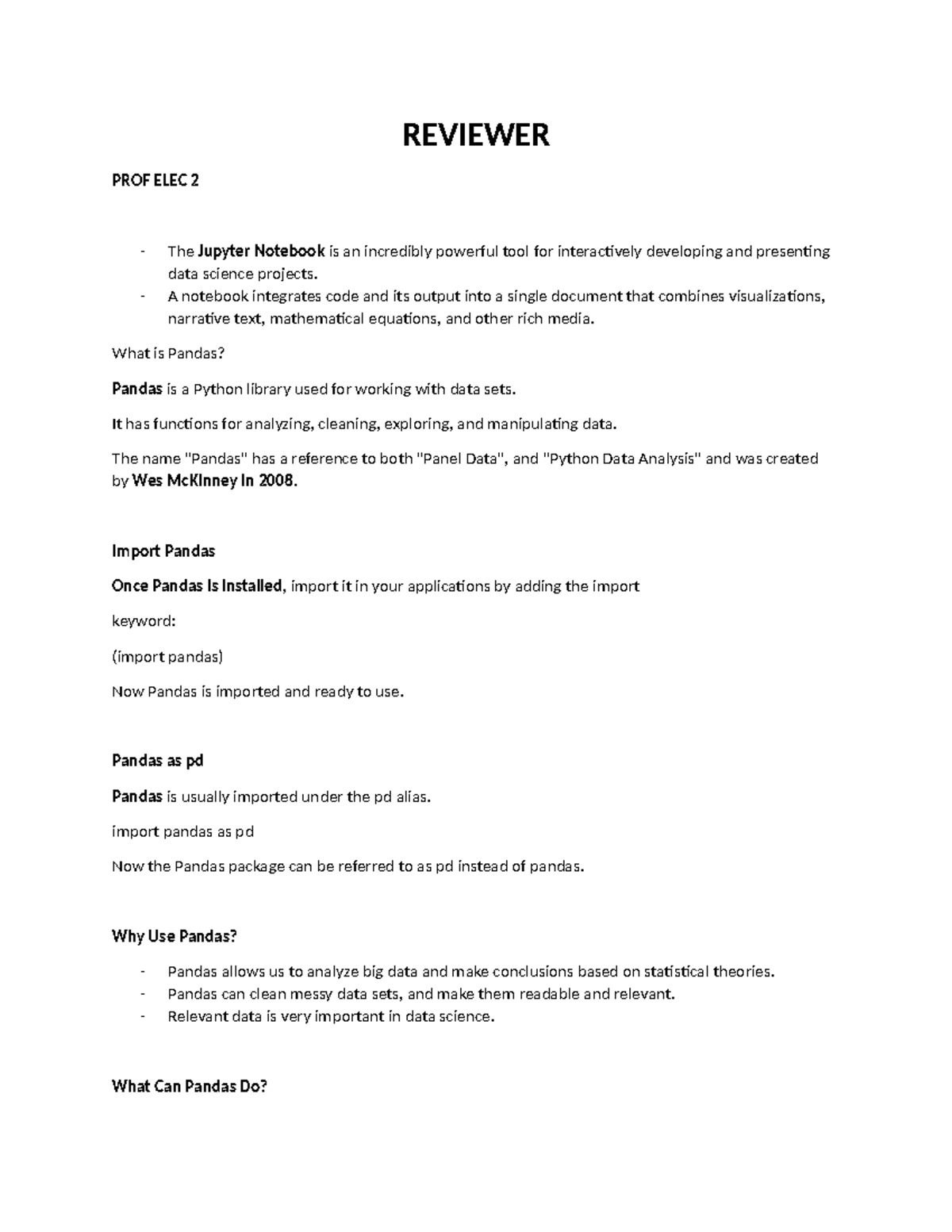 Reviewer- Finals-1 - REVIEWER PROF ELEC 2 - The Jupyter Notebook is an ...
