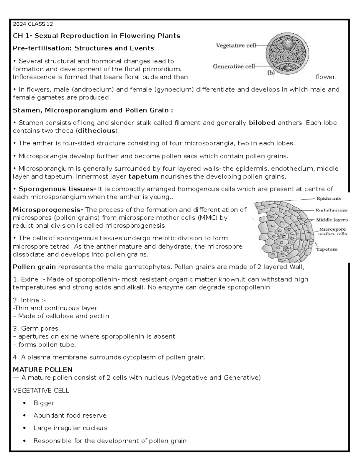 Biology Class 12 Notes: Chapter 1 - Sexual Reproduction in Plants - Studocu