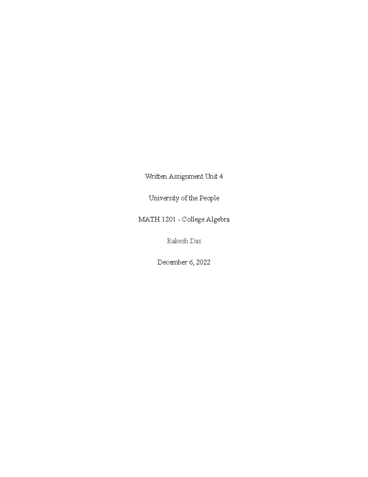 MATH 1201 Written Assignment Unit 4: College Algebra Insights - Studocu