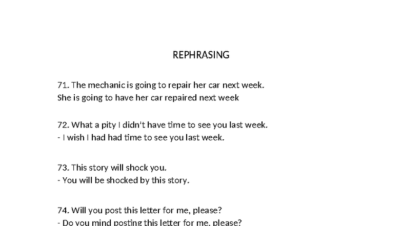 REPHRASING EXAMPLES: Sentence Transformations and Variations - Studocu