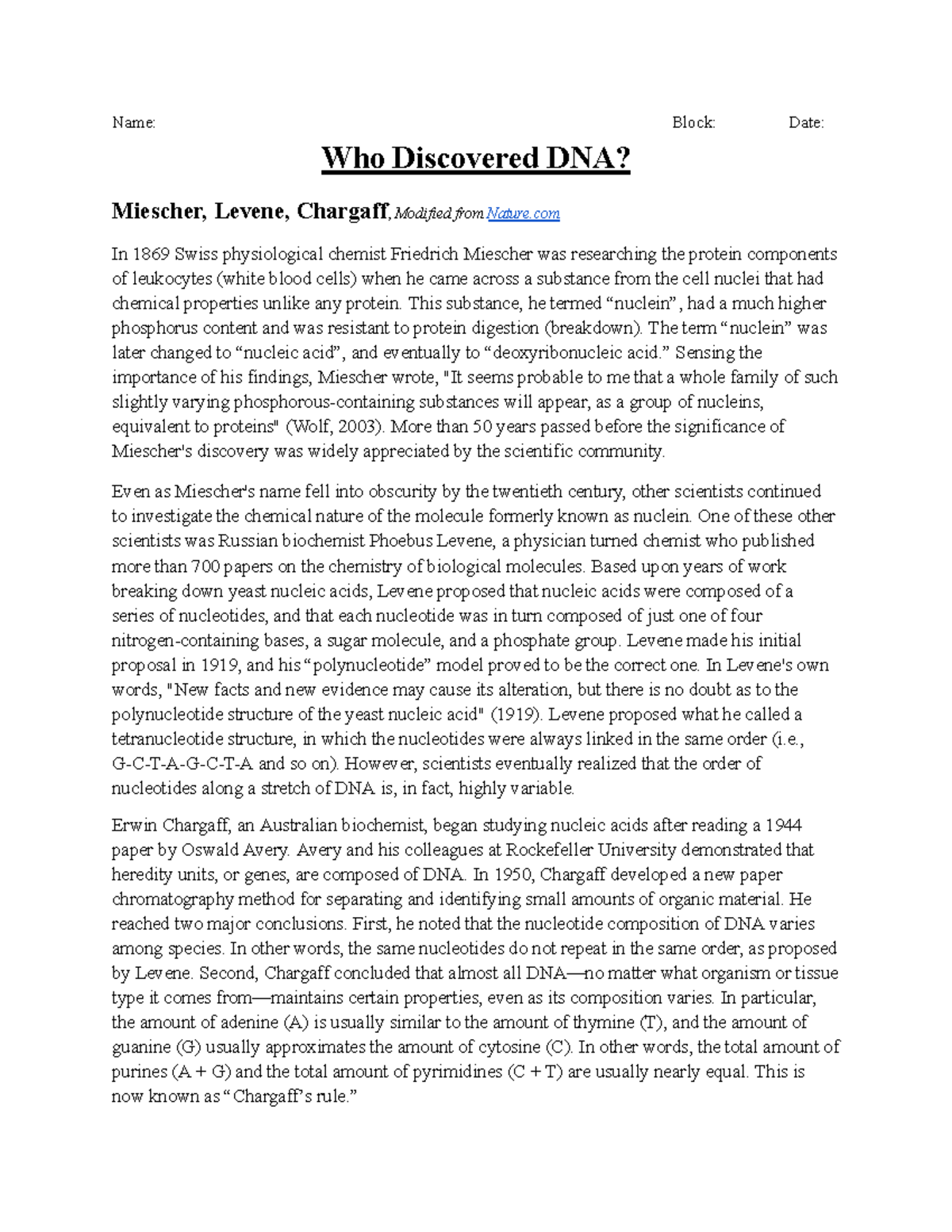 The Discovery of DNA: Miescher to Watson & Crick (BIO 101) - Studocu
