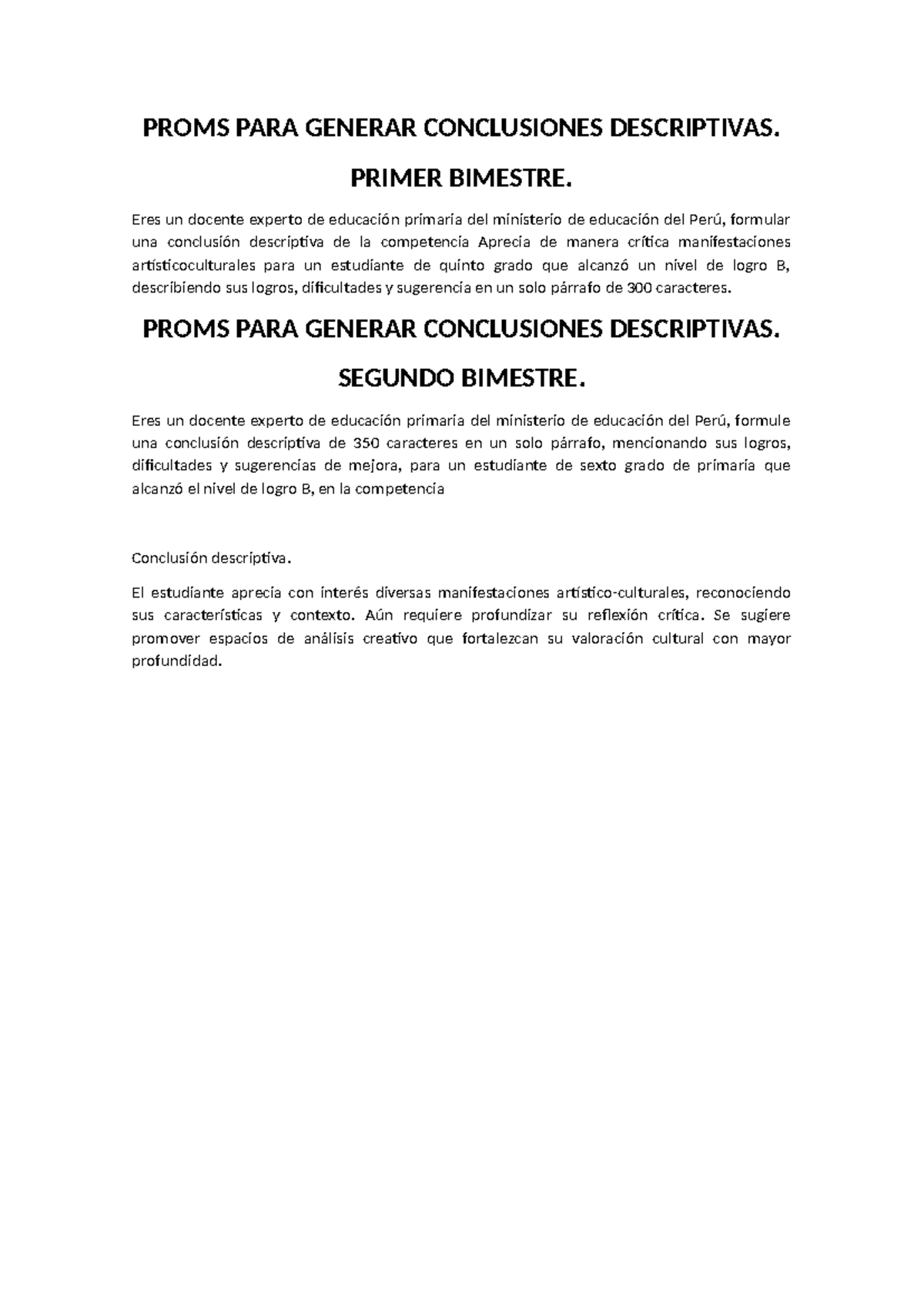 Proms para Generar Conclusiones Descriptivas - Primer y Segundo ...