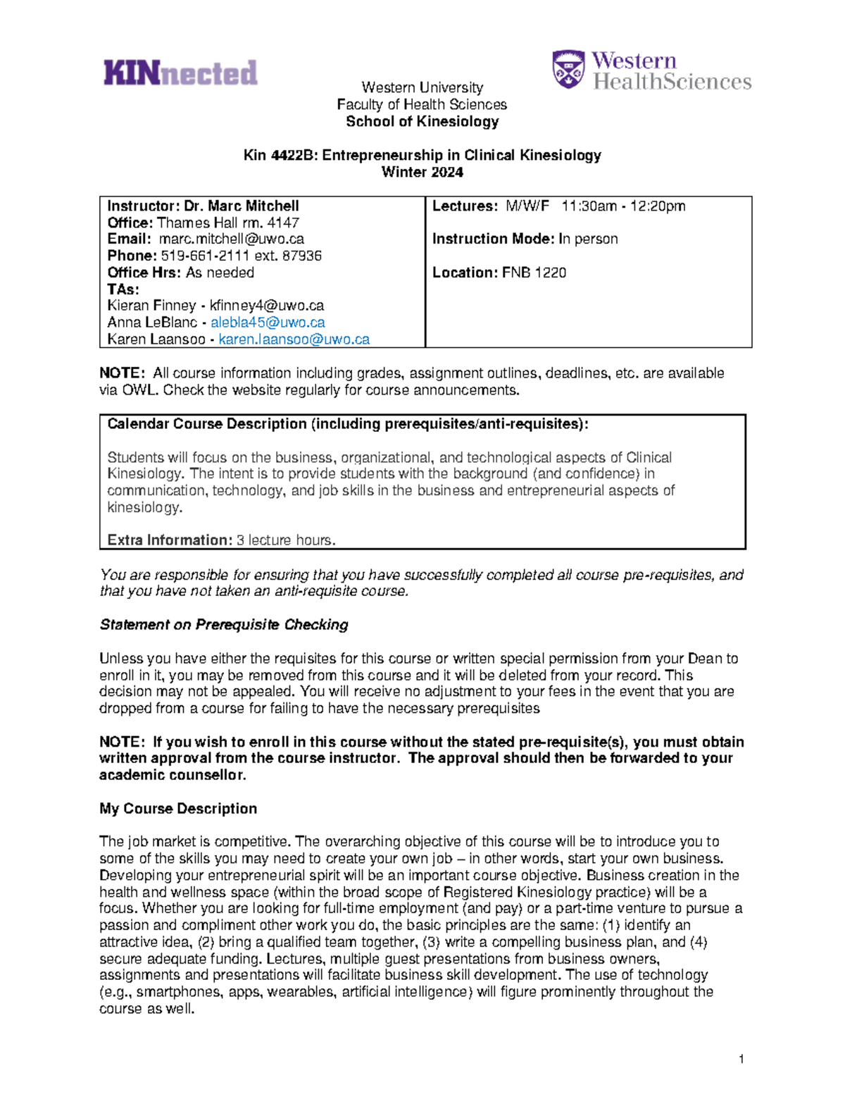 KIN 4422B: Entrepreneurship in Clinical Kinesiology Overview Winter ...