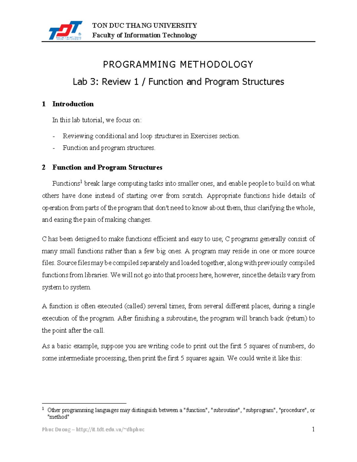 Lab 3: Review of Function & Program Structures in C (IT101) - Studocu