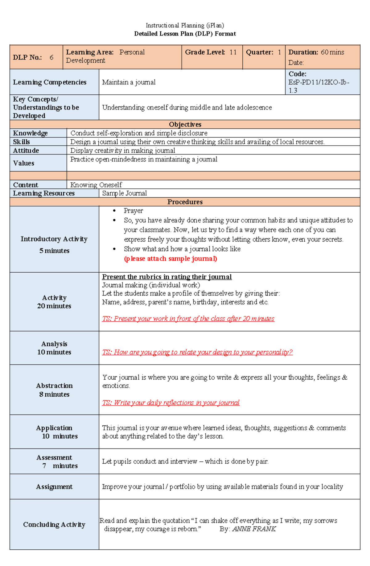 DLP-6 - Personal Development Lesson Plan for Grade 11 - Studocu