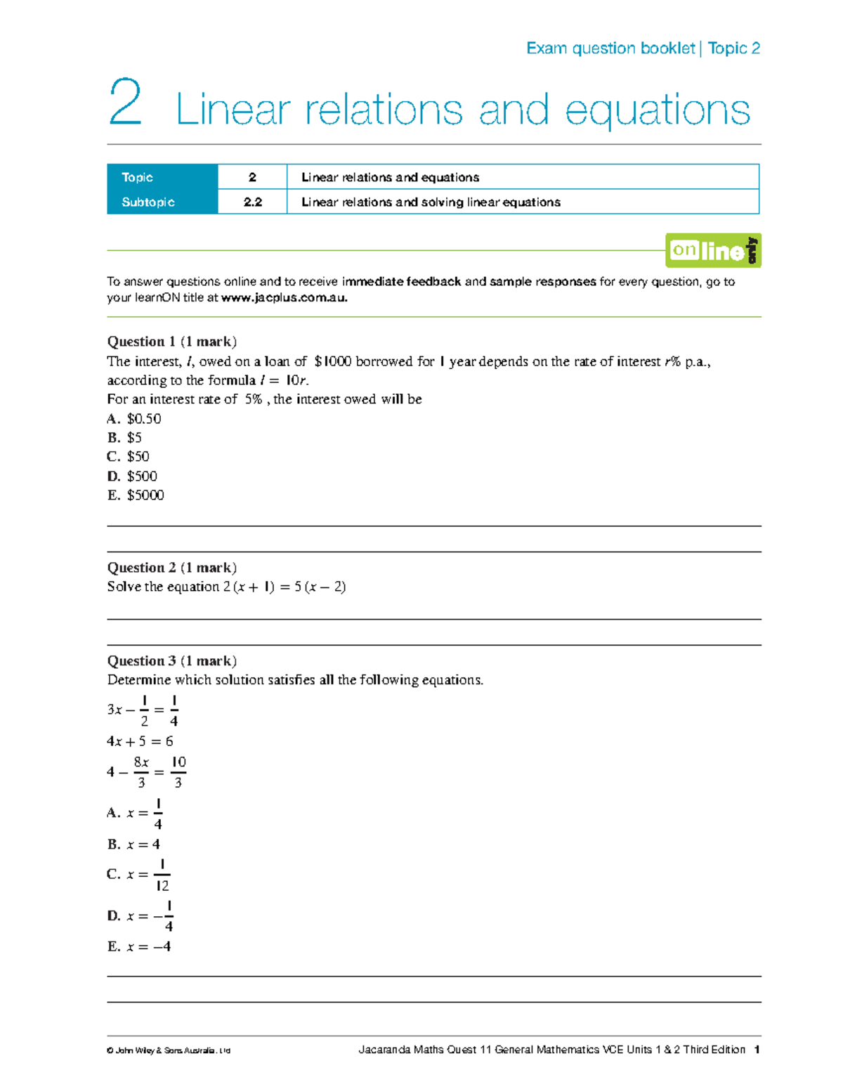 Exam Question Booklet CH2: Linear Relations & Equations VCE Units 1-2 ...