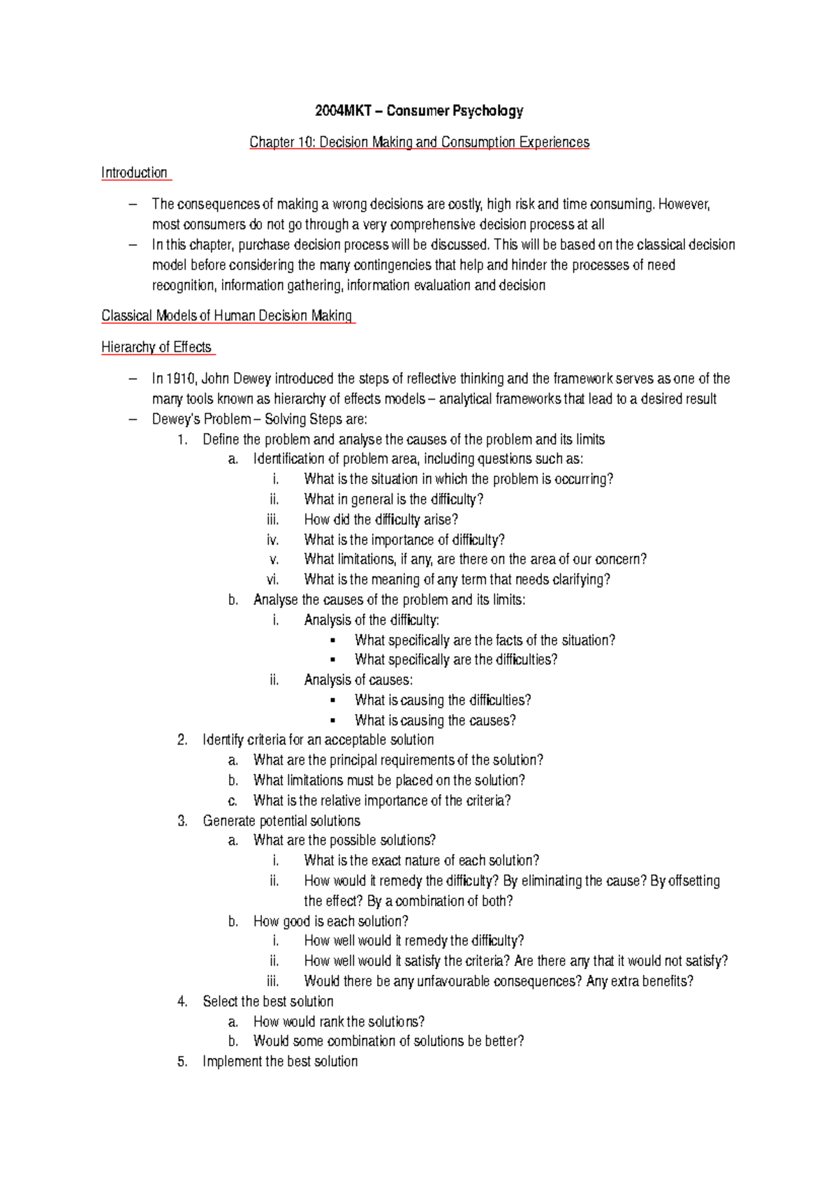 2004MKT – Consumer Psychology Chapter 10: Decision Making Insights ...