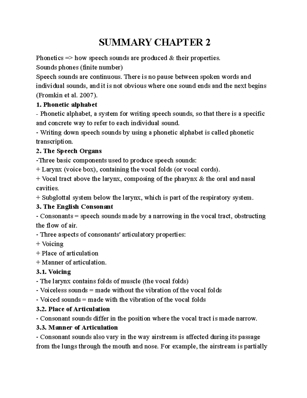 SUMMARY OF CHAPTER 2: Phonetics and Speech Sound Production - Studocu