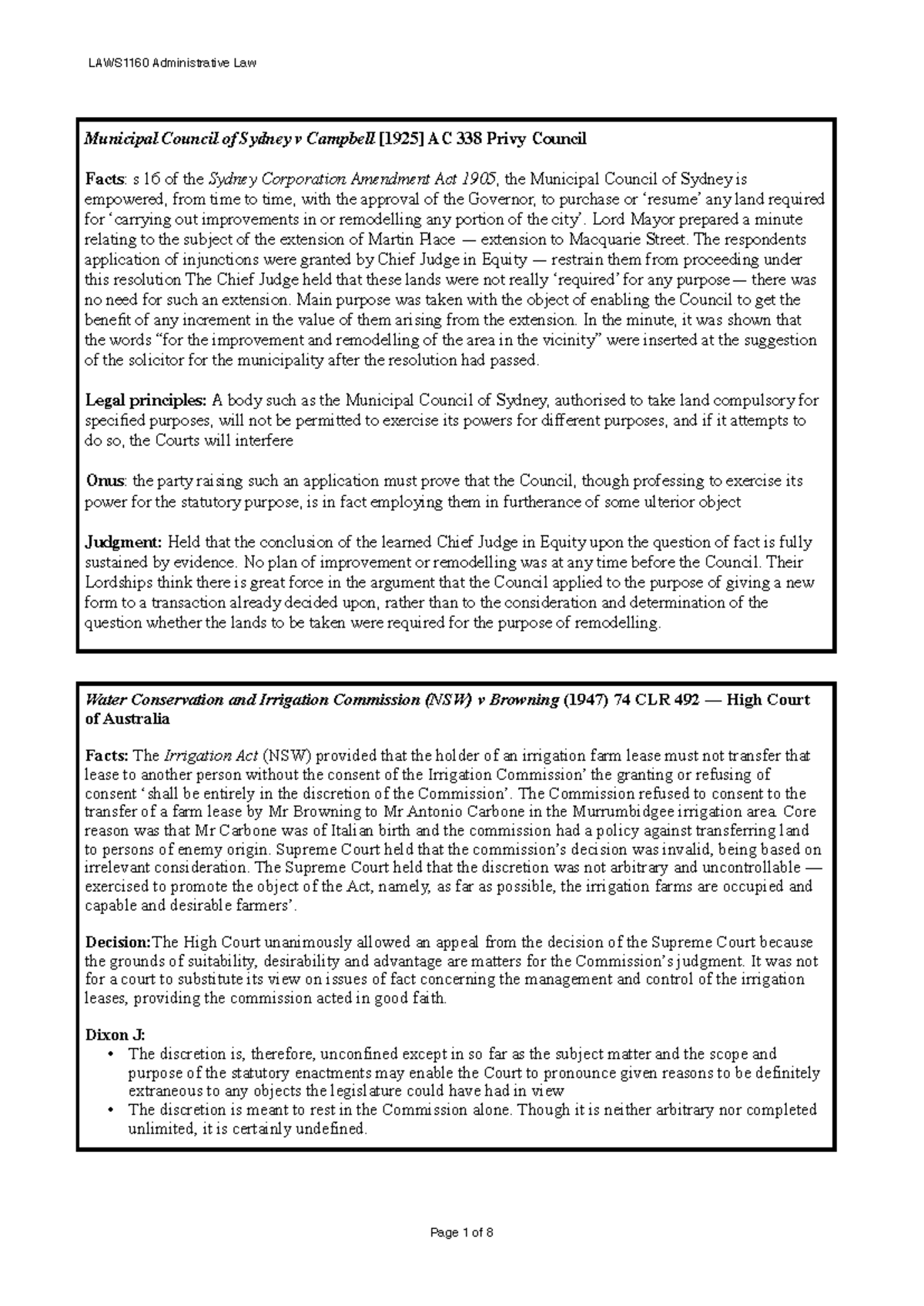 LAWS1160 Administrative Law Case Summaries and Key Principles - Studocu