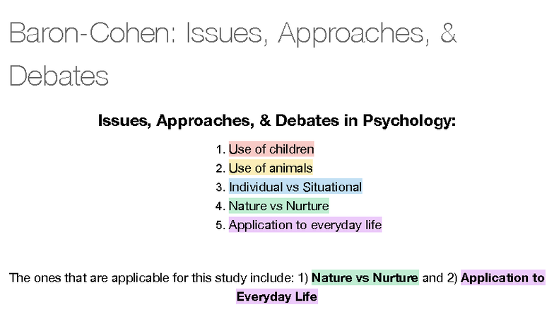 Baron-Cohen Issues, Approaches & Debates AICE Psych 1 AS - 2022-2023 ...