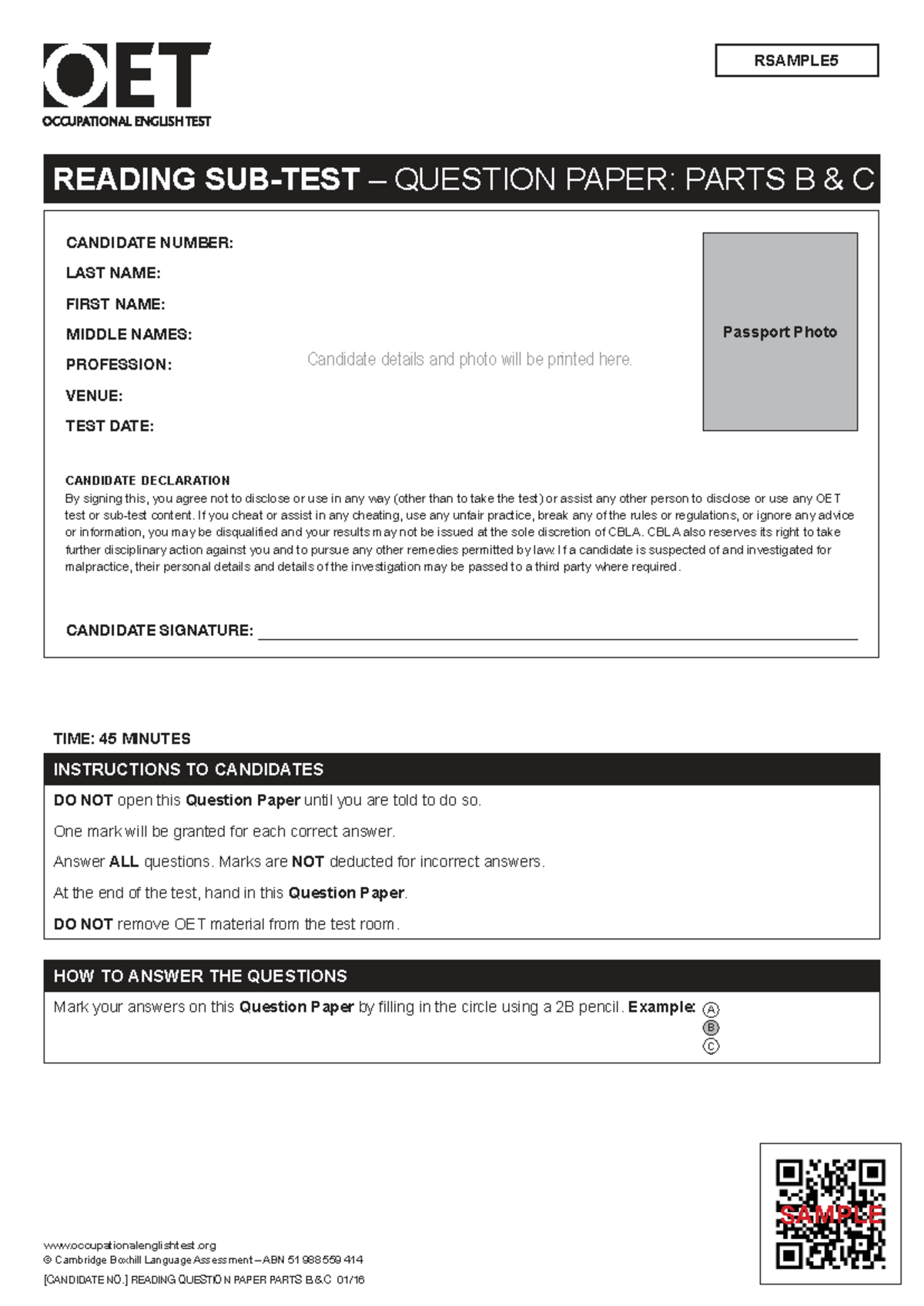 RSAMPLE5 READING SAMPLE TEST: PARTS B & C QUESTION PAPER - Studocu