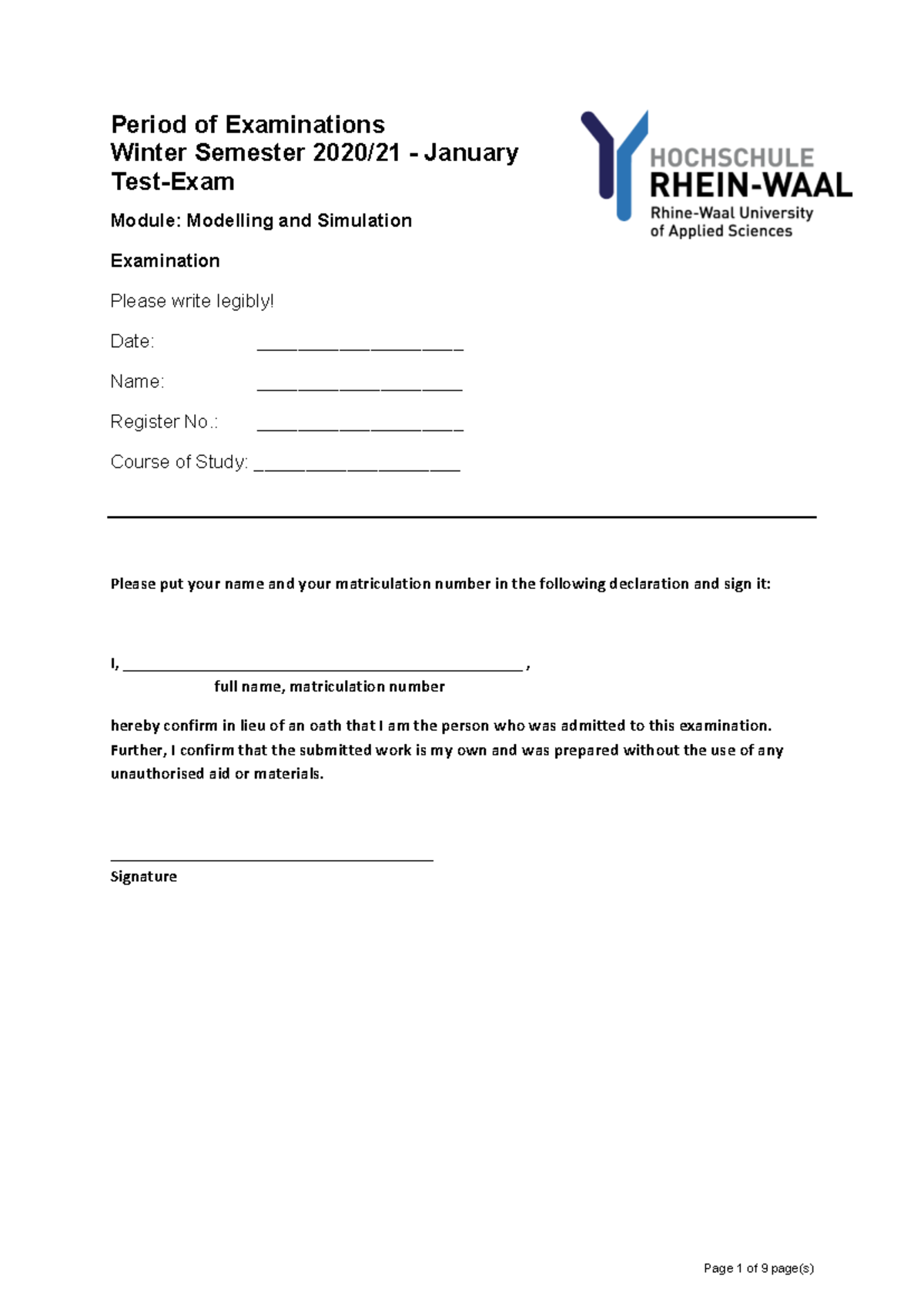 Test Exam: Modelling and Simulation (WS 2020/21) - Studocu