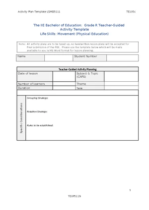 IIE B.Ed: Grade R Teacher-Guided Activity Planning Template - Studocu