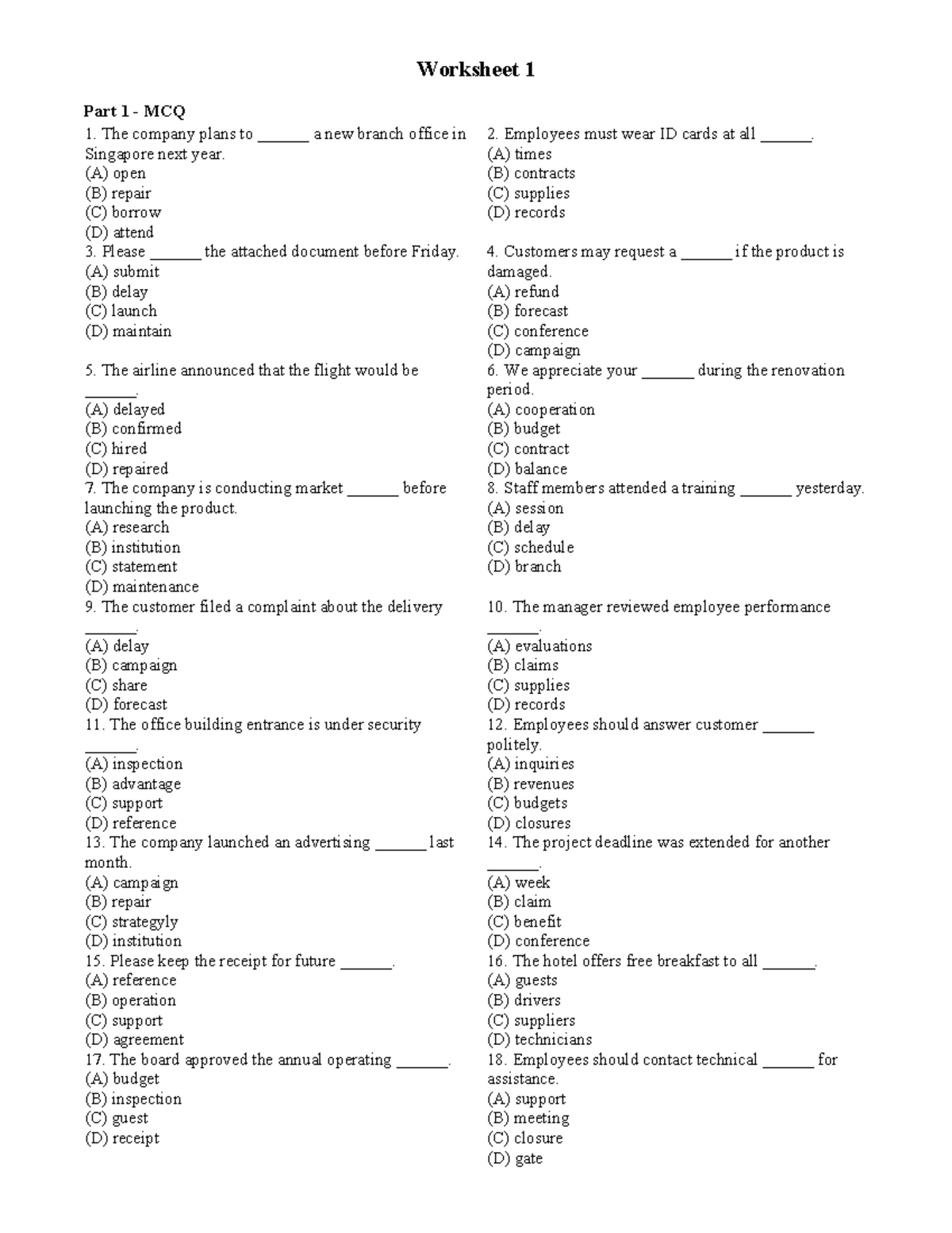 PART 5 Worksheet MCQ and Reading Comprehension - Studocu