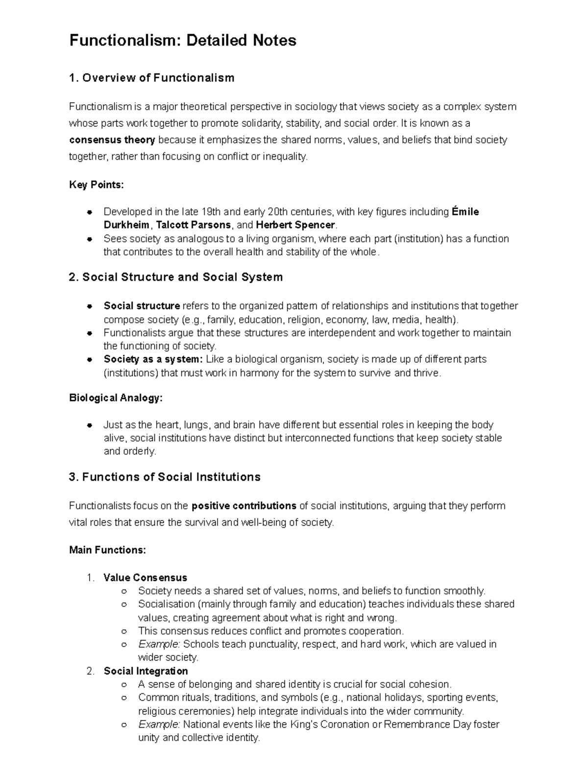 Functionalism: Comprehensive Notes on Theory and Social Institutions ...