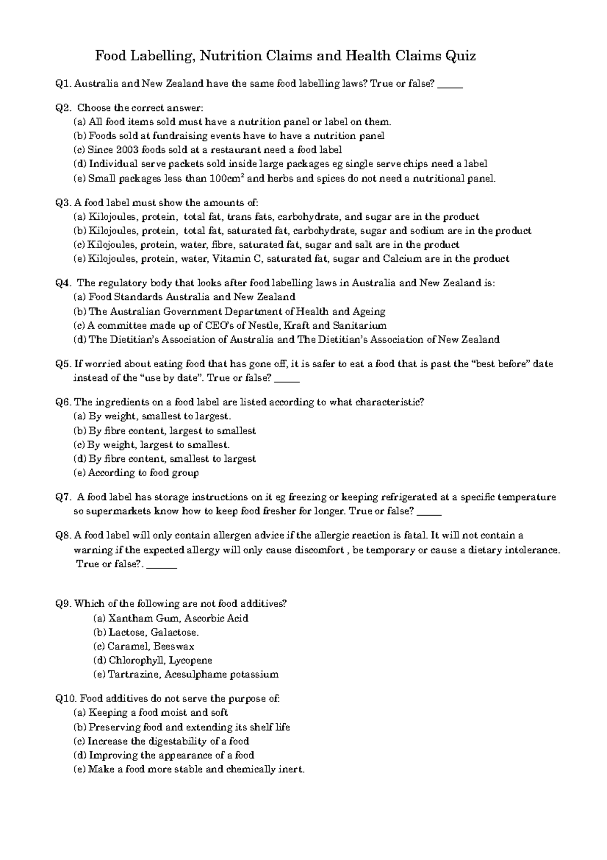 Food Labelling Quiz Questions and Answers Sheet - Studocu