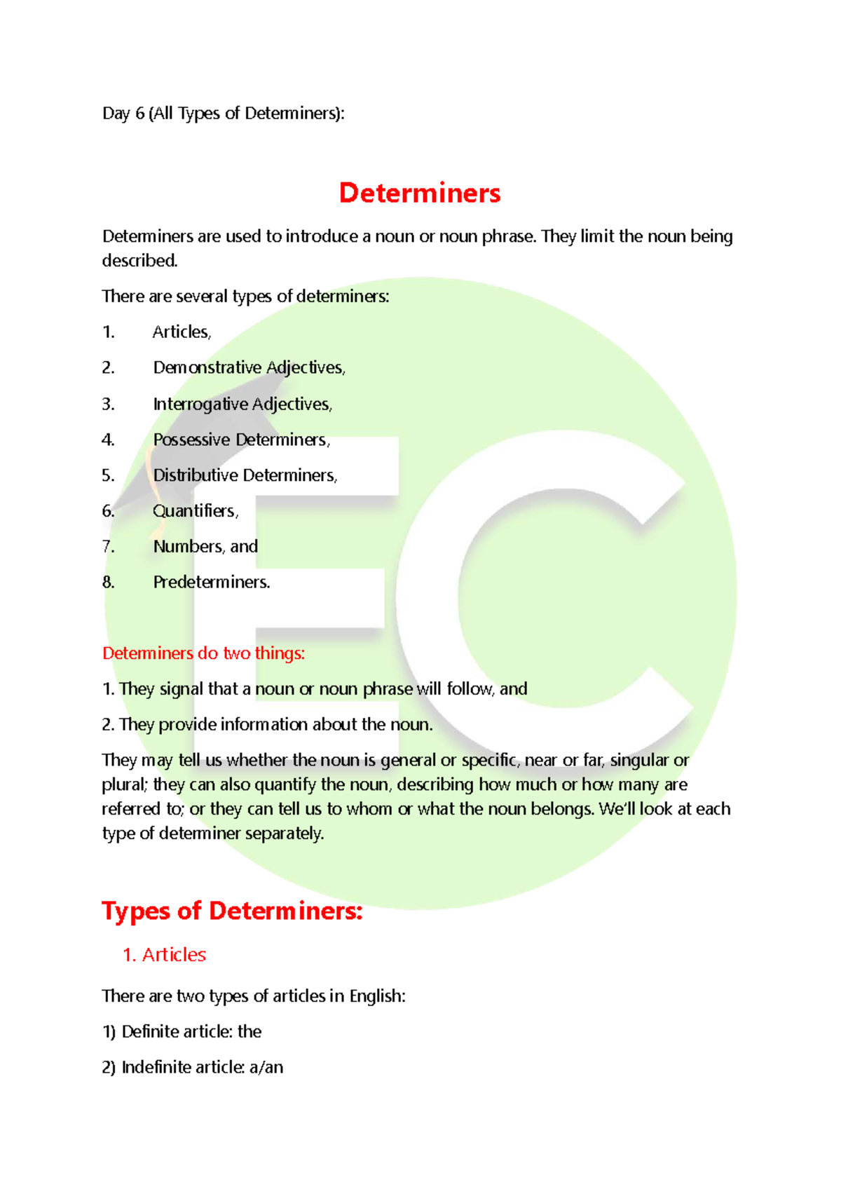 ENG 101: Day 6 Lecture Notes on All Types of Determiners - Studocu