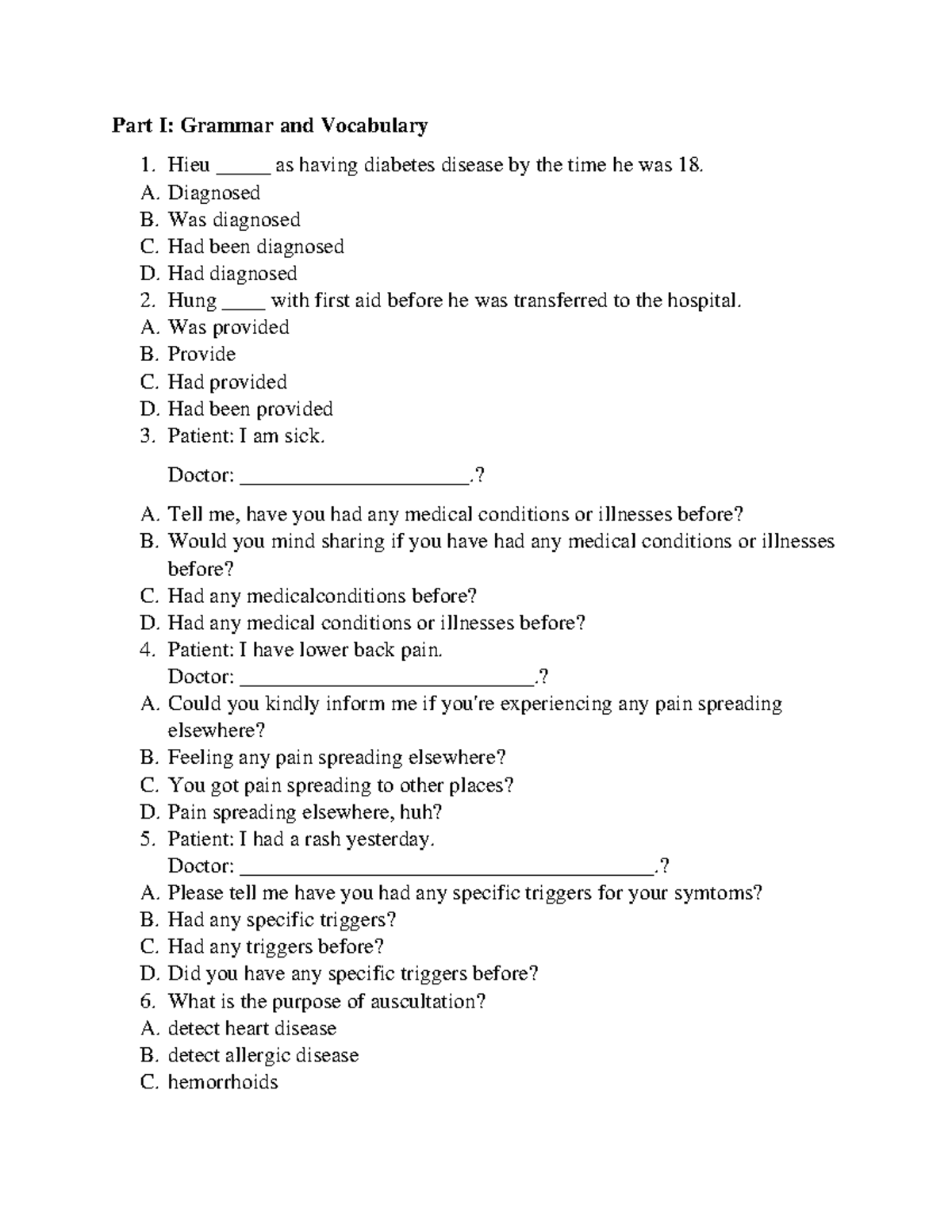 Unit 6 Review: Grammar, Vocabulary, and Medical Terminology - Studocu
