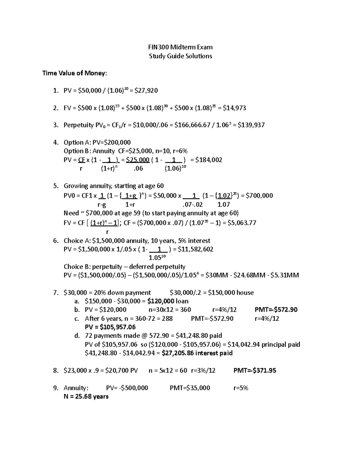 FIN300 Midterm Exam Study Guide with Solutions and Key Concepts - Studocu