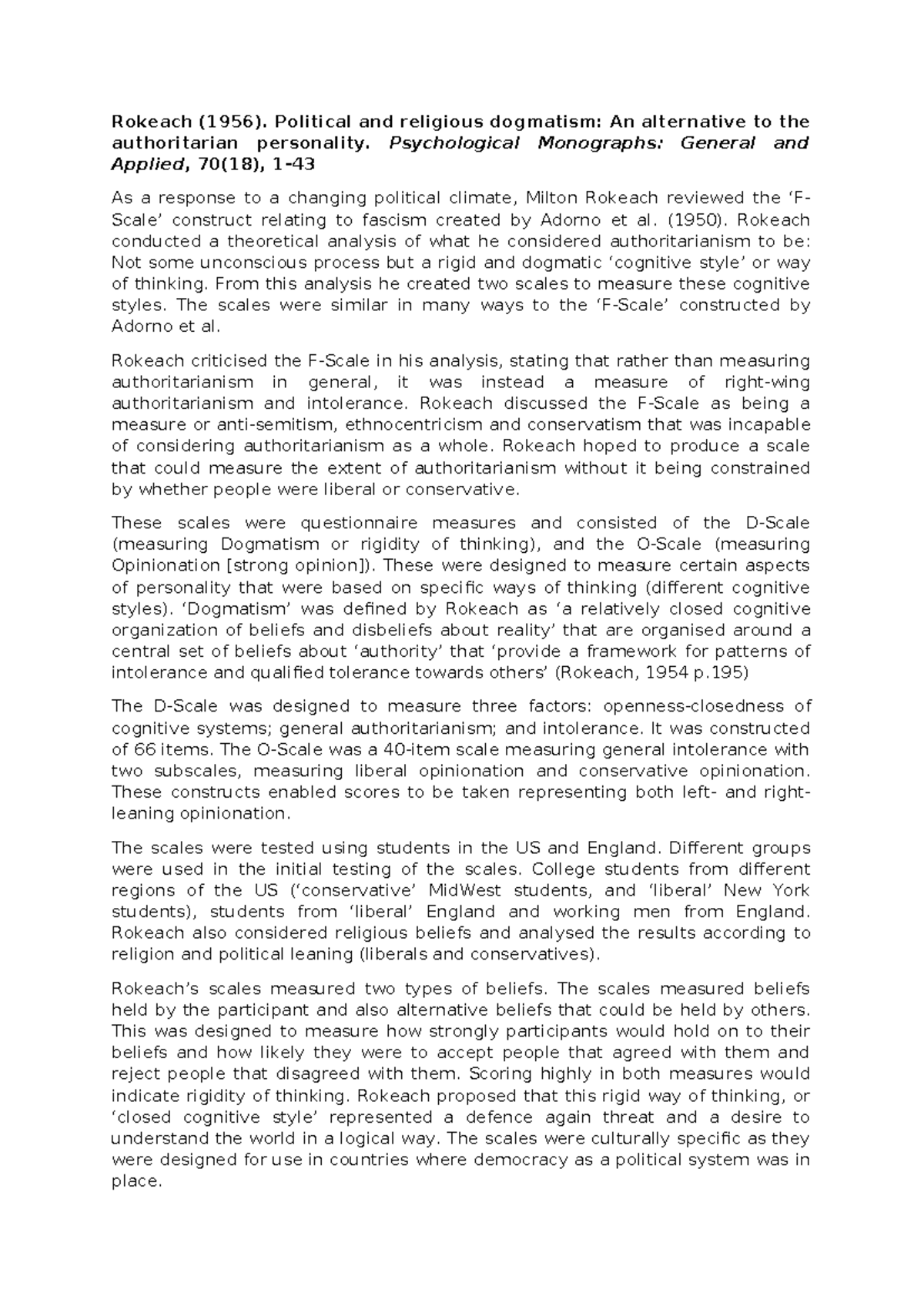 Rokeach Factsheet DE100 TMA 02 22J - Rokeach (1956). Political and ...