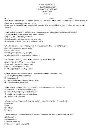 Personality Development - Senior HIGH School-2nd quarter assessment ...