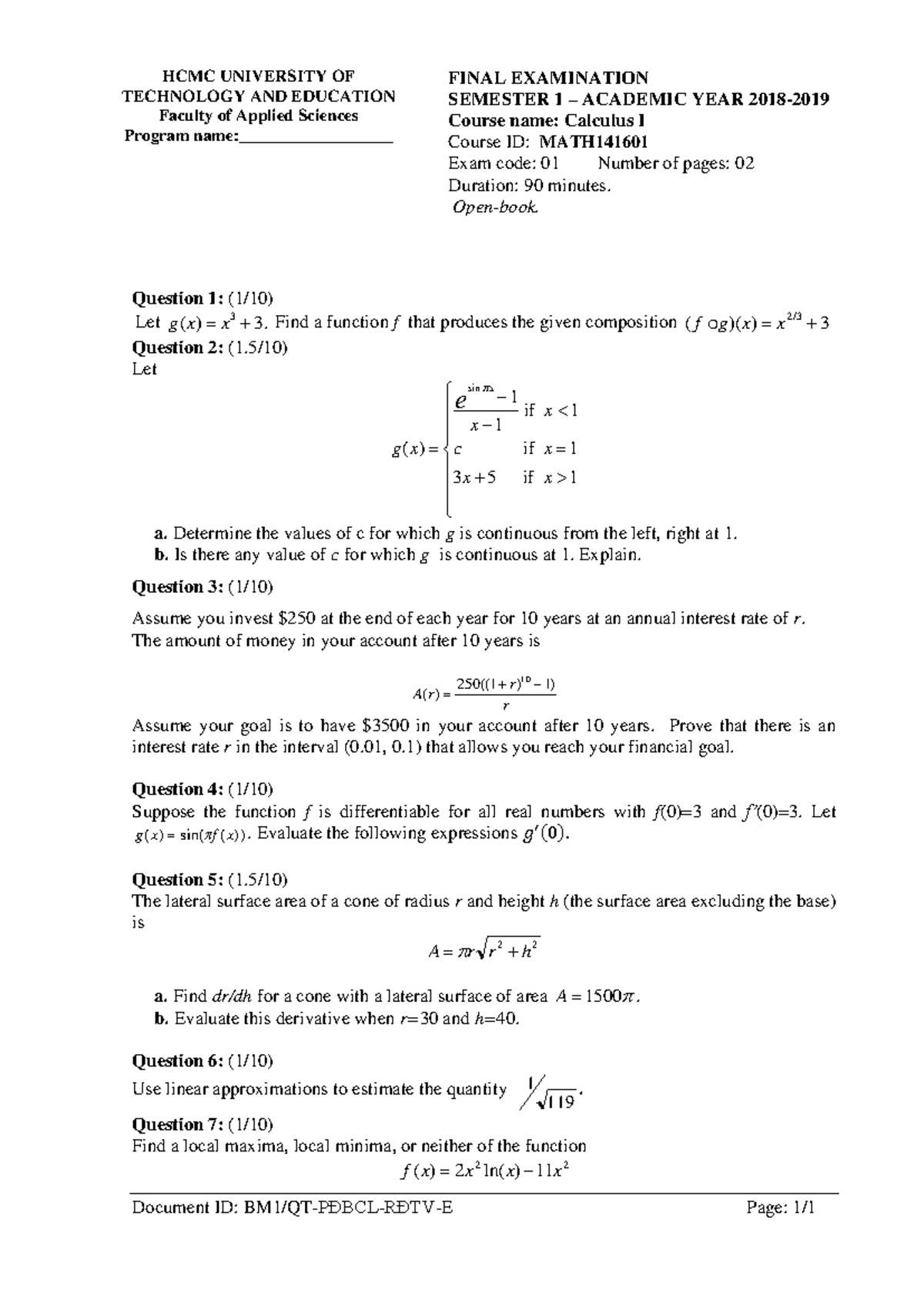 Calculus I (MATH141601) Final Exam Questions and Solutions - Studocu