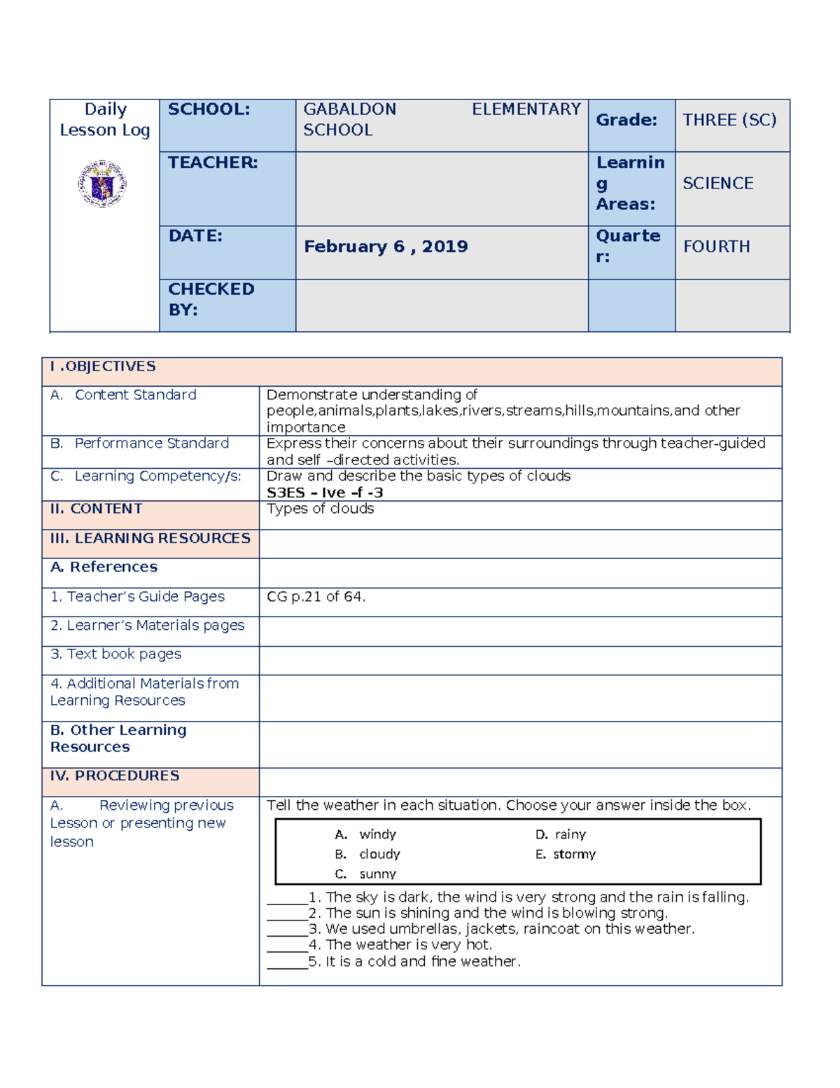 Grade 3 Science Daily Lesson Log (Q4) - Cloud Types and Weather - Studocu