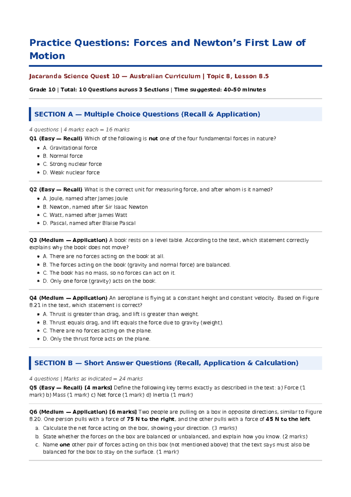 Forces and Newton's First Law Practice Questions: Jacaranda Science ...