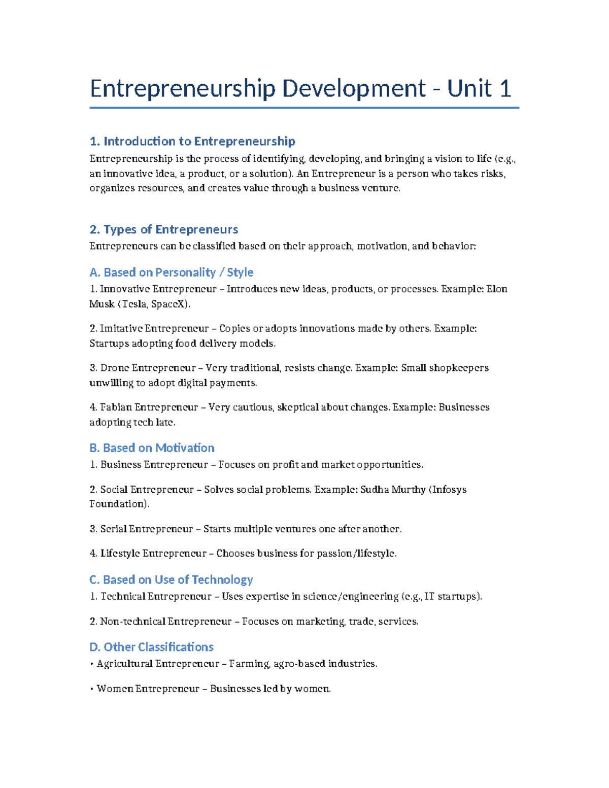 Entrepreneurship Development - Unit 1 Overview and Types - Studocu
