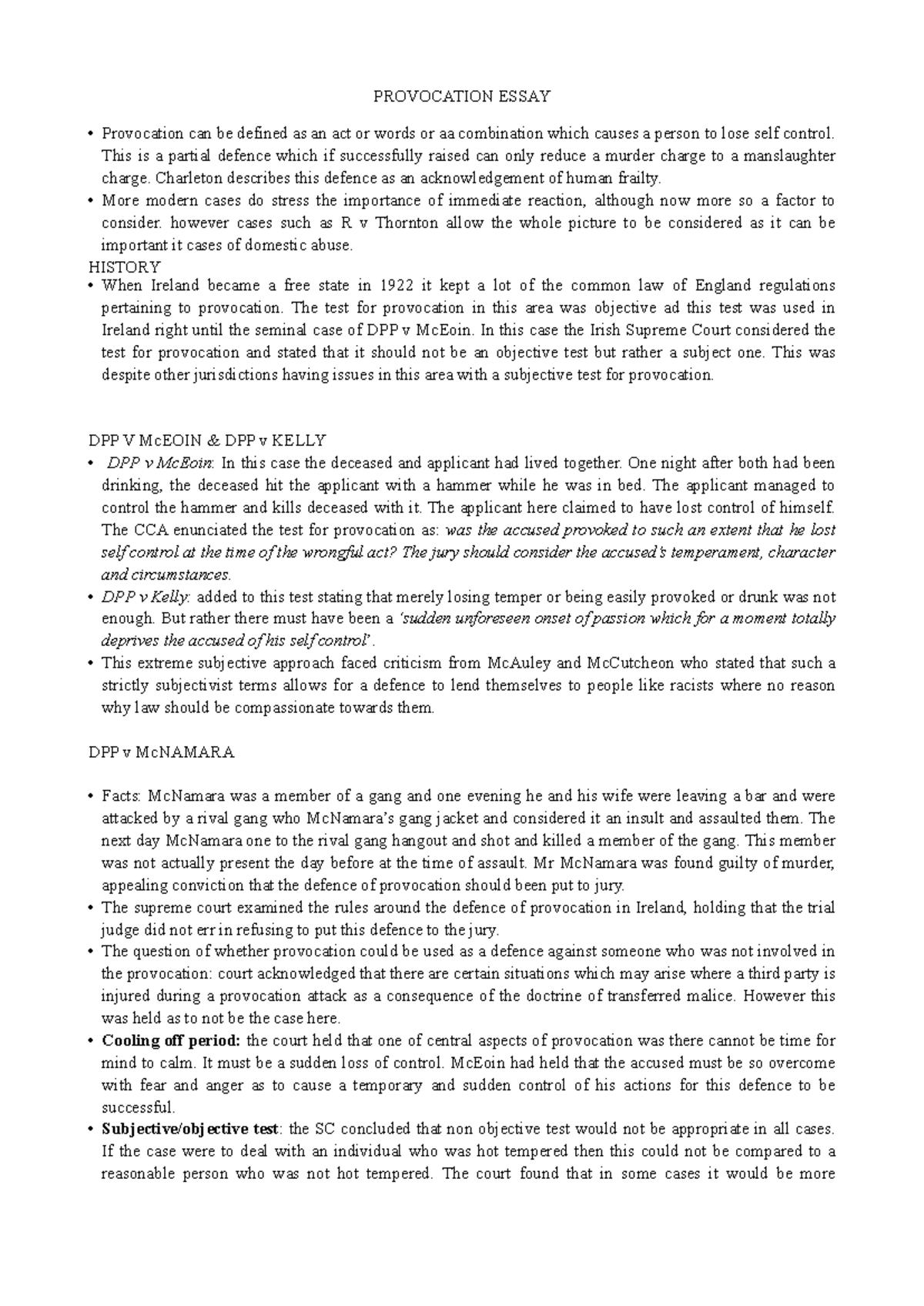 Provocation Essay: Exploring Key Cases and Legal Principles in Ireland ...