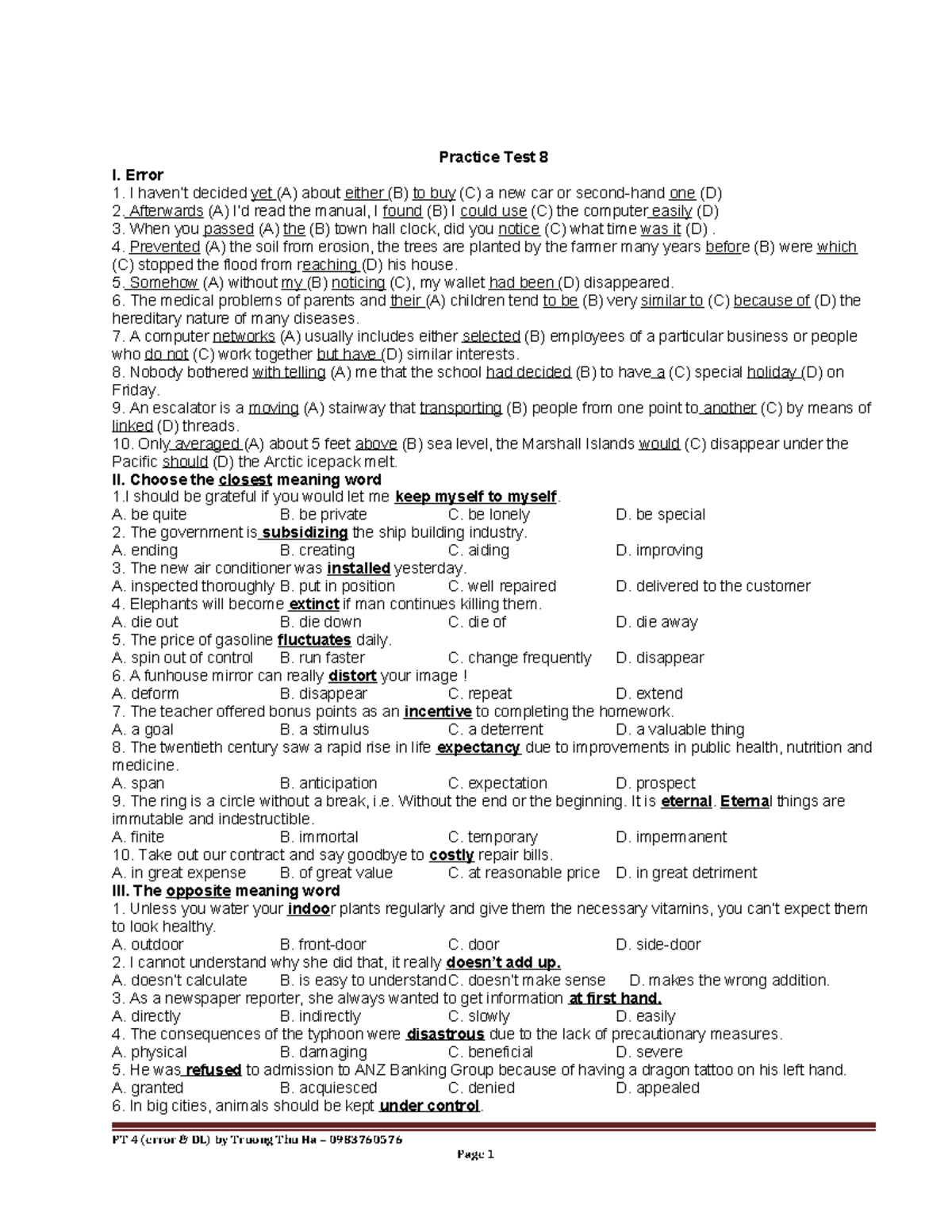 Practice Test 8 - Error Correction and Vocabulary Quiz - Studocu