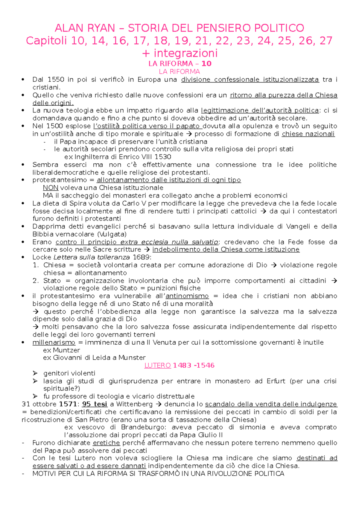 Riassunto di Alan Ryan: Riforma & Pensiero Politico (Cap. 10, 14, 16-27 ...