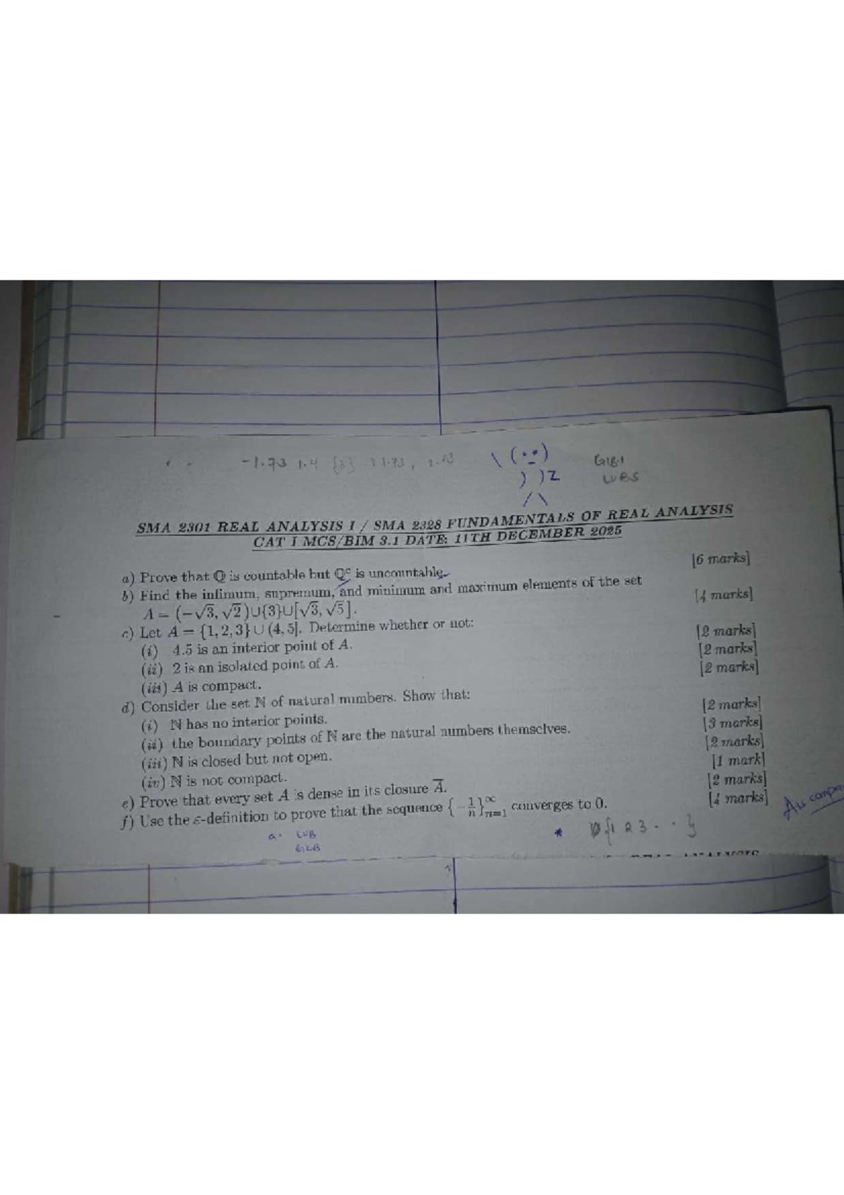 SMA 2301 & SMA 2328 Real Analysis - CAT II Study Notes - Studocu