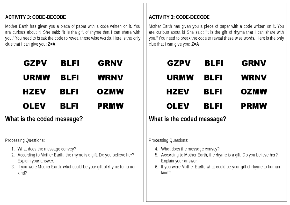 CODE-Decode Activity: Unraveling Mother Earth's Rhyme - Studocu