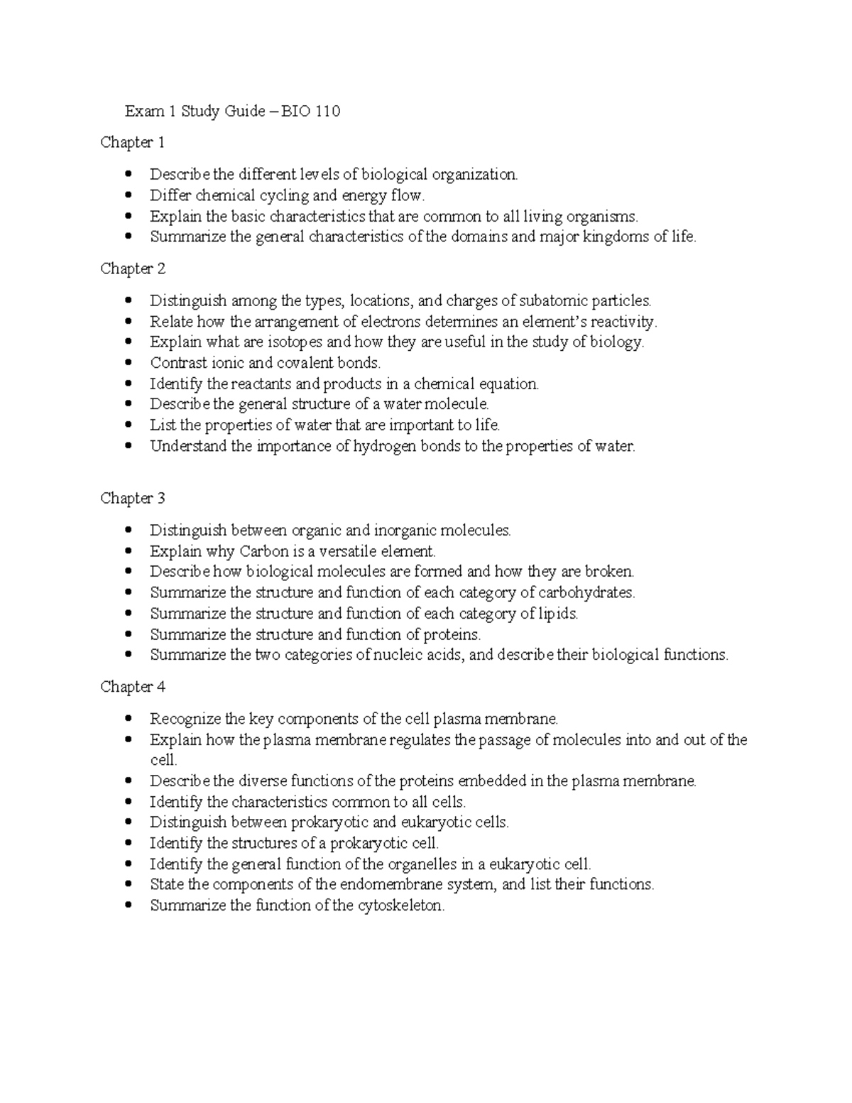 BIO 110 Exam 1 Study Guide: Key Concepts from Chapters 1-4 - Studocu