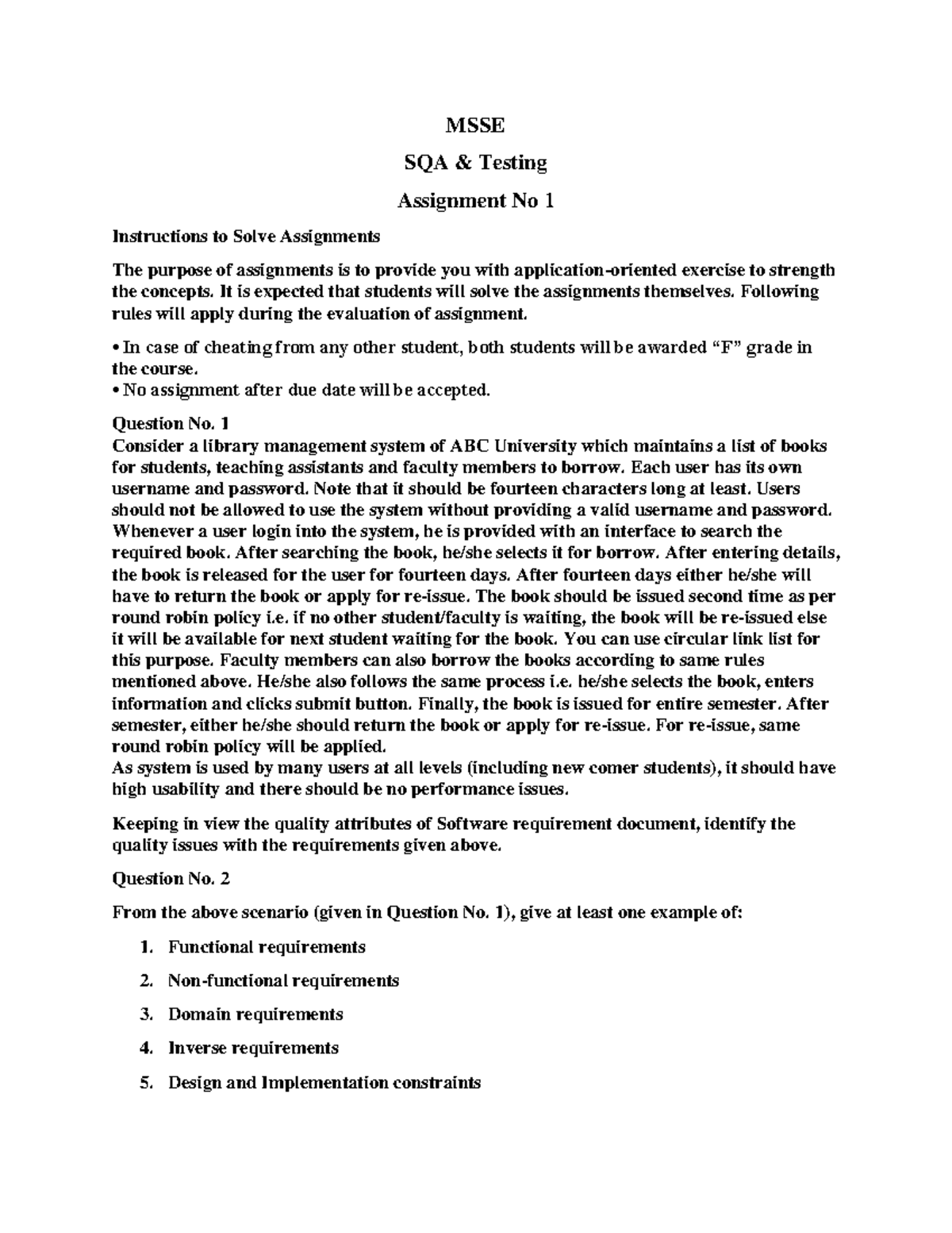 SQAS&Testing Assignment 1 - MSSE SQA & Testing Assignment No 1 ...