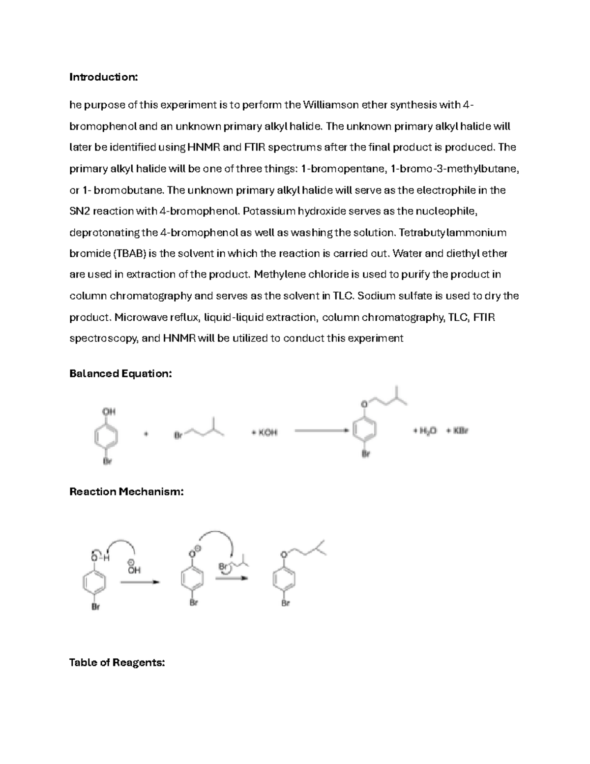 Williamson Ether Synthesis Lab Report for Organic Chemistry (CHEM 320 ...