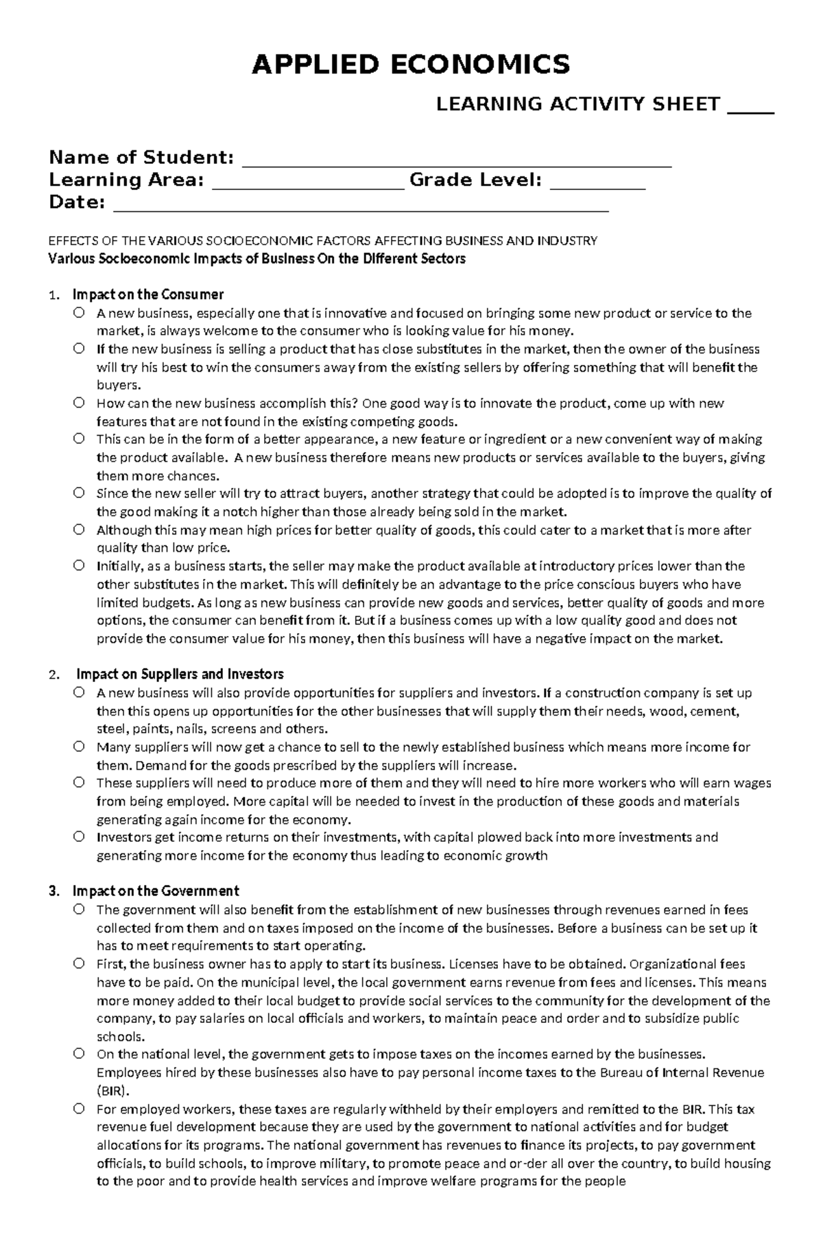 Effects OF THE Various Socioeconomic Factors Affecting Business AND ...