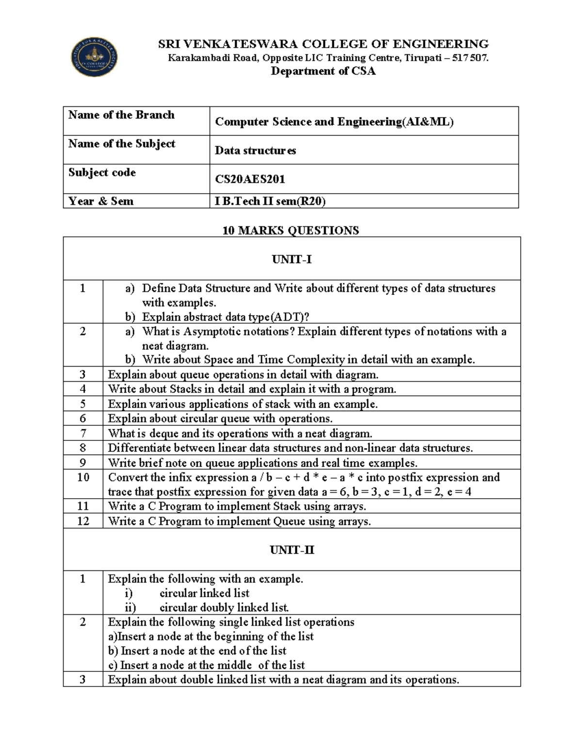 DS Model Question Paper - Data Structures - CSM - R20 Exam 2023 - Studocu