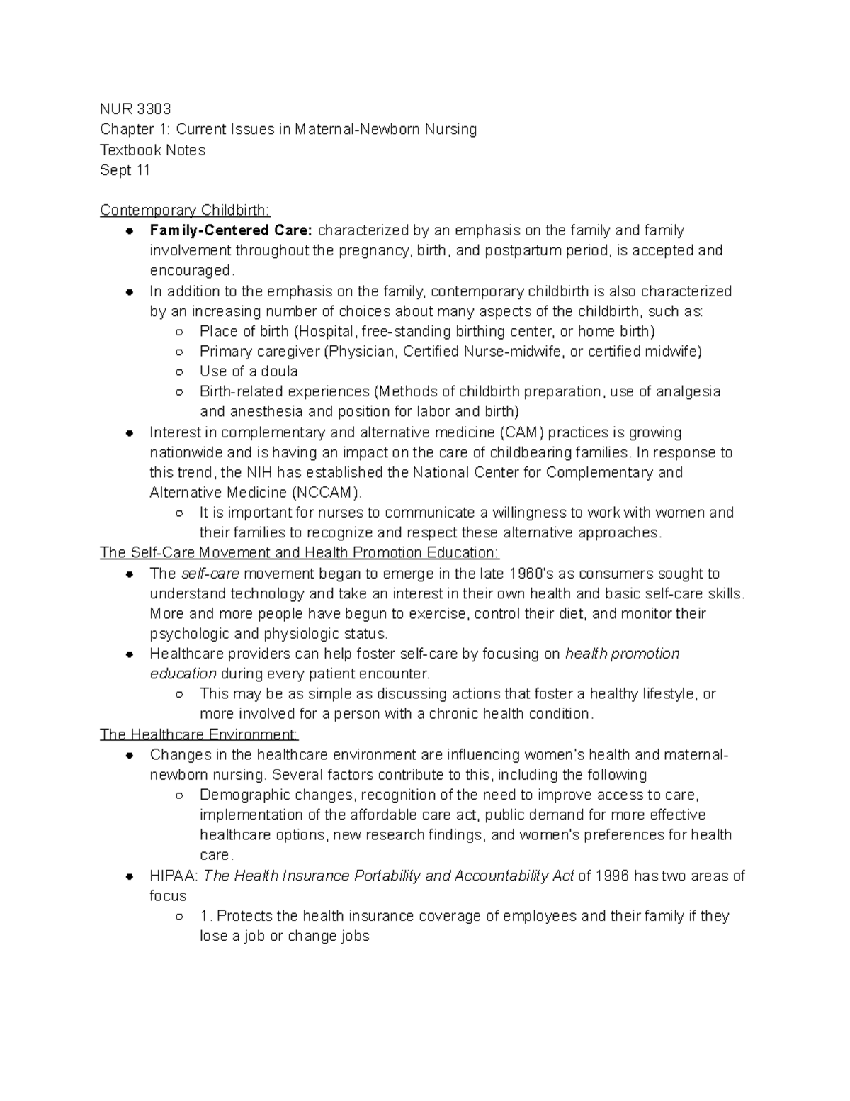 Chapter 1- Current Issues in Maternal-Newborn Nursing