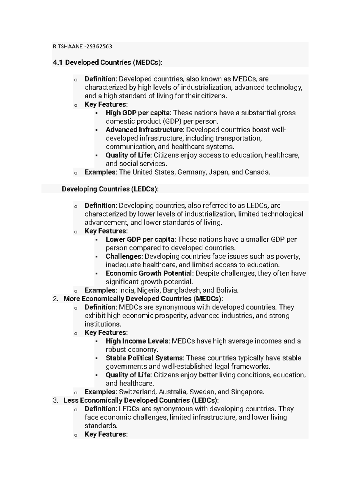 GEOE 312 Assignment 4: Analyzing MEDCs and LEDCs in Global Development ...