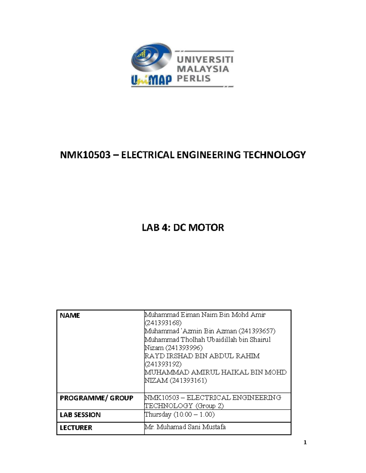 NMK10503 Lab 4: DC Motor Characteristics & Simulation Notes - Studocu
