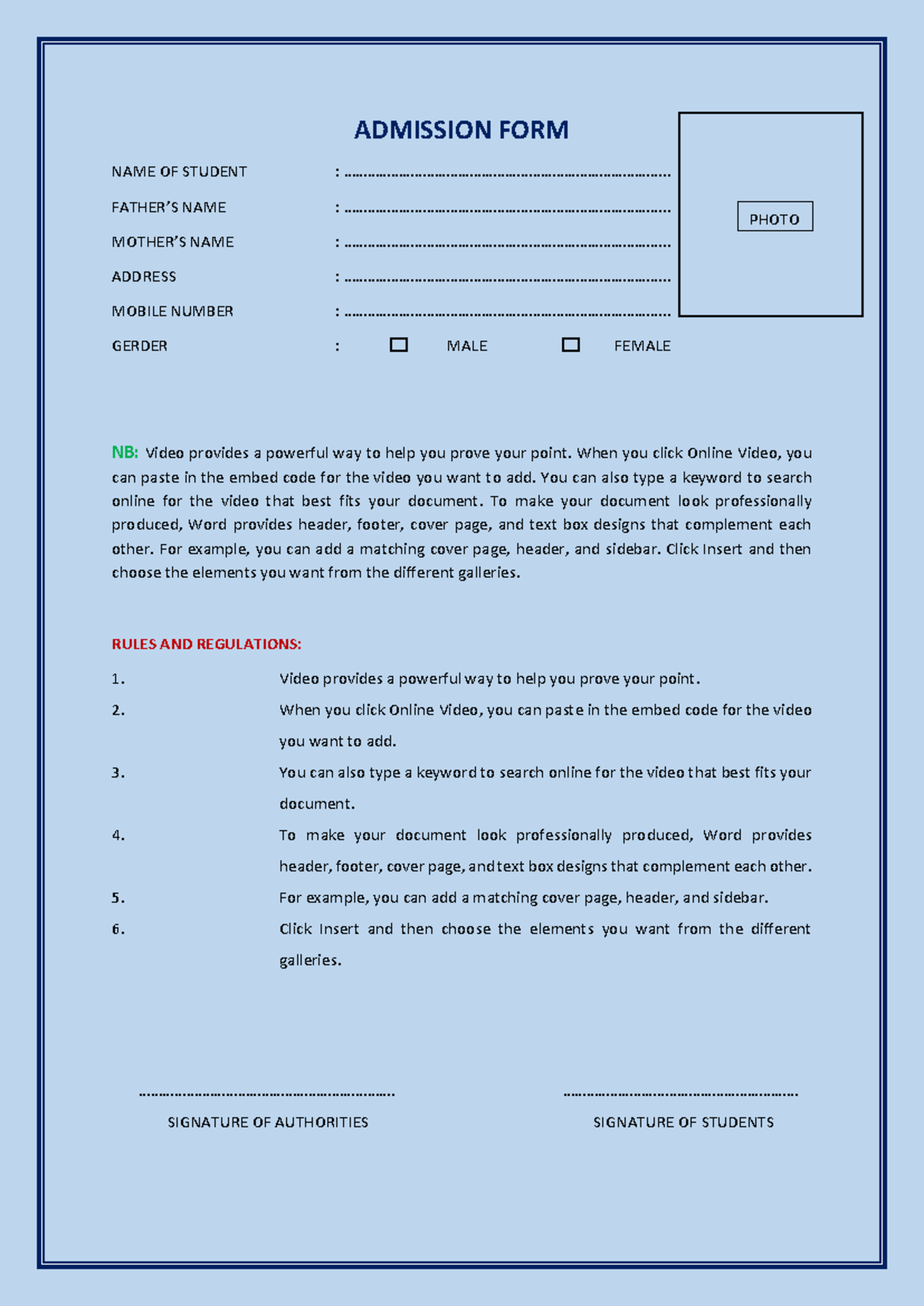 Admission Form for Students Information Compilation - Studocu